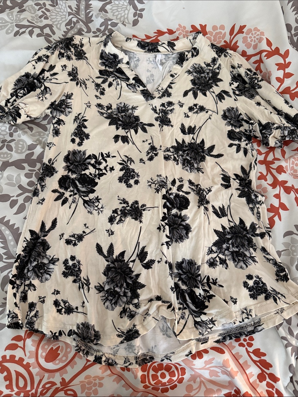 Cream V-Neck Floral Blouse with Black Print